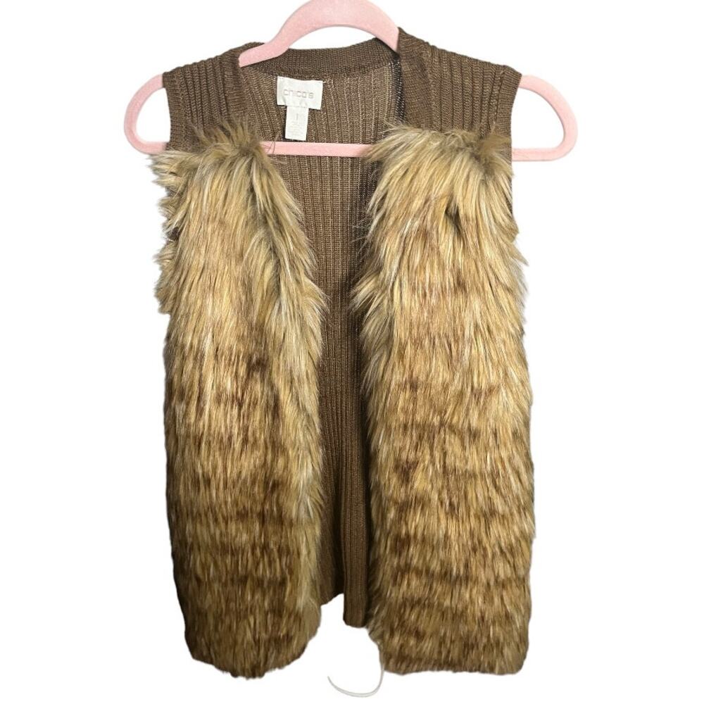 Chico's thick faux fur wool blend vest brown size 1